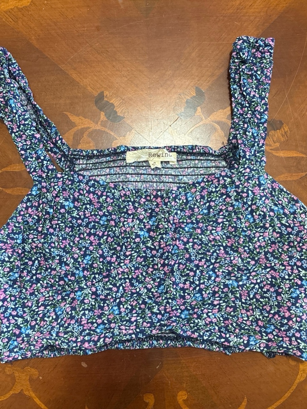 Rewind Navy Floral Smocked Crop Top with Pink & Blue Blooms